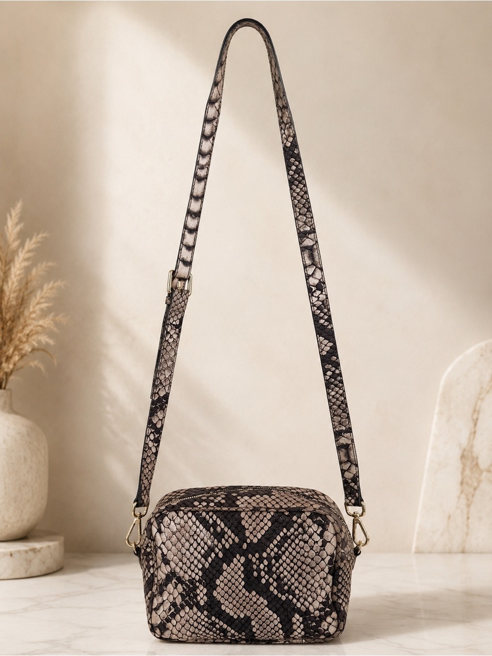 INNUE Made in Italy Leather Python Snake Print Crossbody Camera Bag